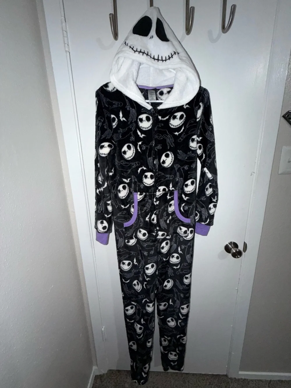 Disney The Nightmare Before Christmas Fleece Onesie - Black, White & Purple Trim - Picture 1 of 2